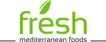 Fresh Mediterranean Foods Logo. The word 'fresh' in all lowercase with a leaf floating above. The entire logo is green with a transparent background.